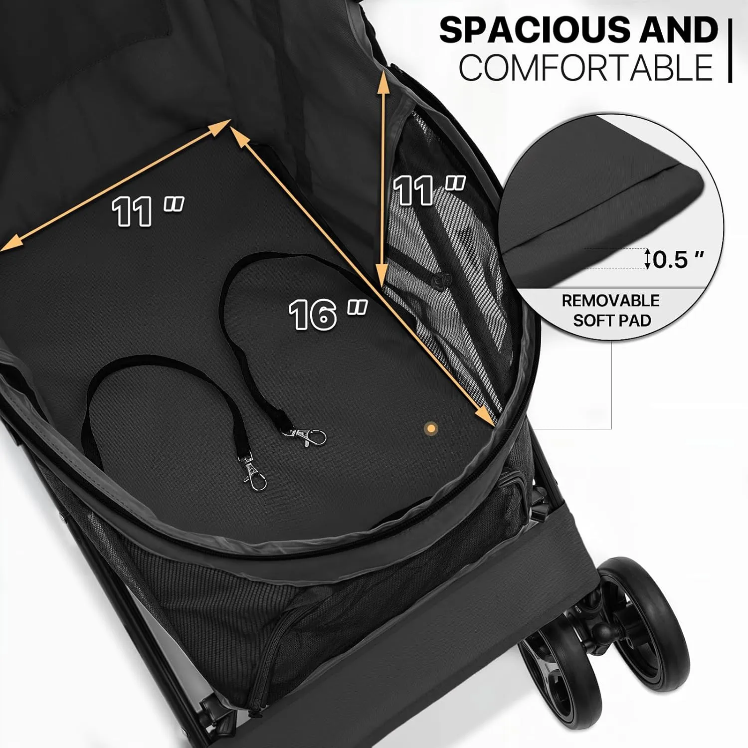MoNiBloom 4 Wheels Pet Stroller, Easy-Fold Puppy Cage Jogger Stroller with Sun Cover, Pad and Rear Storage Bag, Breathable and Visible Mesh for Small/Medium Pets up to 22 lbs, Black