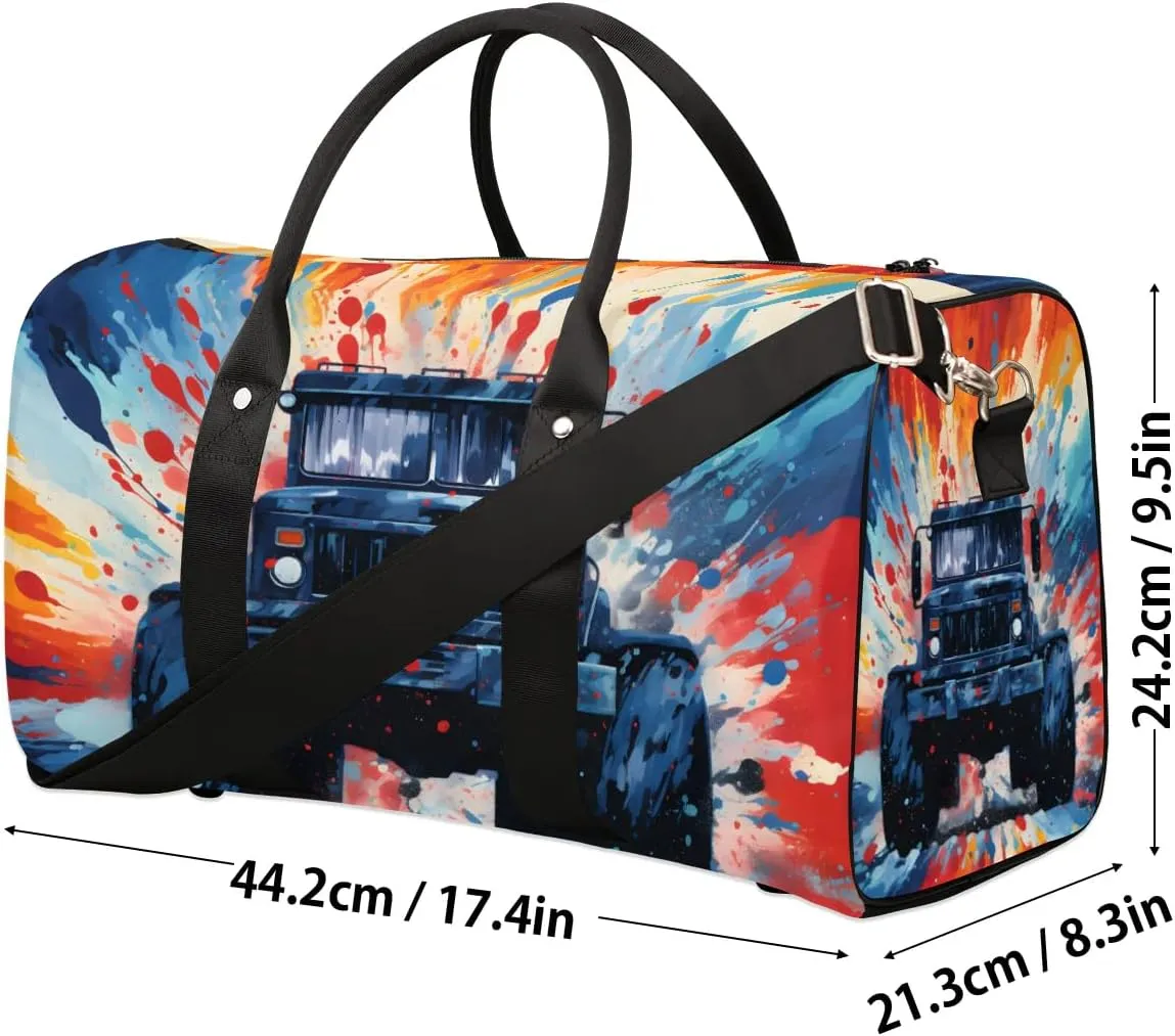 Monster Truck Cars Travel Duffel Bag for Women Men Waterproof Foldable Overnight Weekender Bag Large Capacity Sports Gym Bag