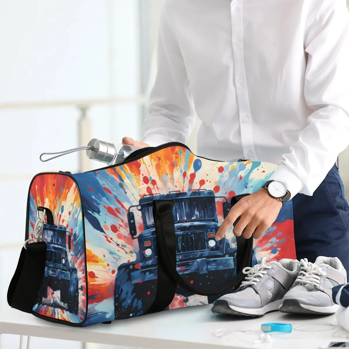 Monster Truck Cars Travel Duffel Bag for Women Men Waterproof Foldable Overnight Weekender Bag Large Capacity Sports Gym Bag