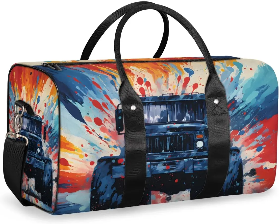 Monster Truck Cars Travel Duffel Bag for Women Men Waterproof Foldable Overnight Weekender Bag Large Capacity Sports Gym Bag