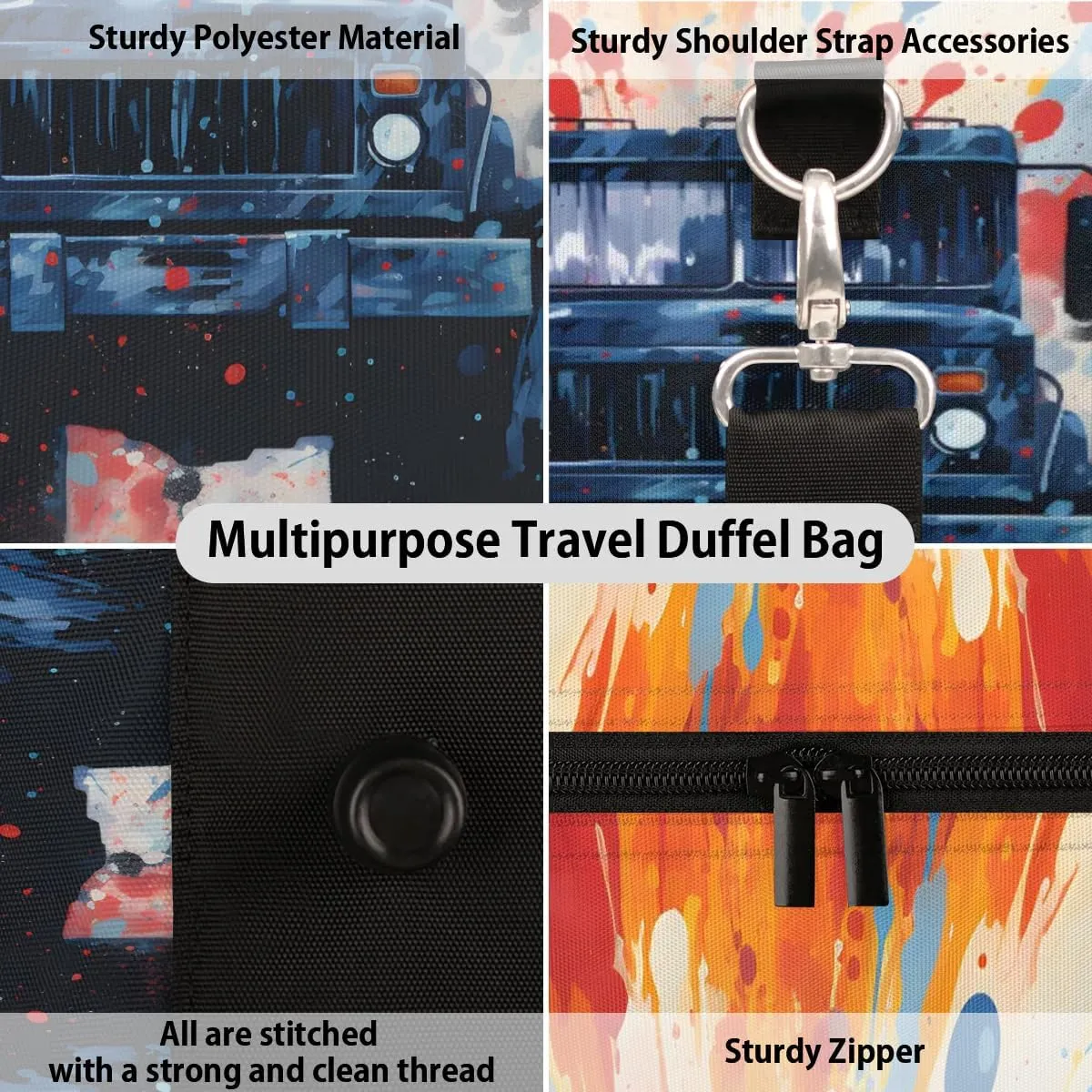 Monster Truck Cars Travel Duffel Bag for Women Men Waterproof Foldable Overnight Weekender Bag Large Capacity Sports Gym Bag
