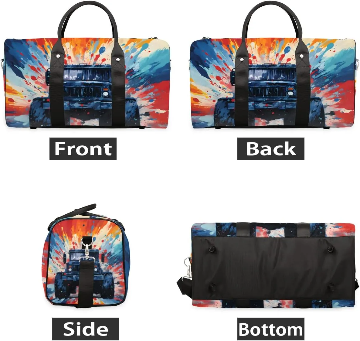Monster Truck Cars Travel Duffel Bag for Women Men Waterproof Foldable Overnight Weekender Bag Large Capacity Sports Gym Bag