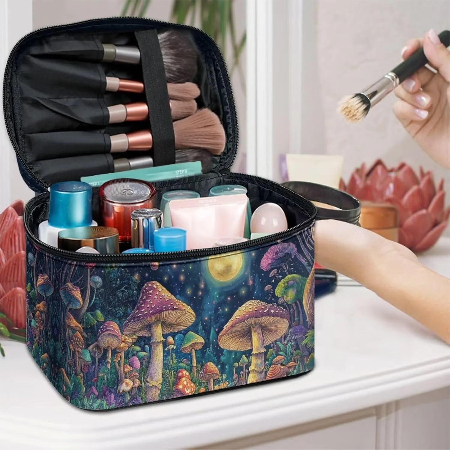 Moon Mushroom Cosmetic Travel Bags for Women Large Capacity Make Up Bags with Handle Portable Toiletry Bag Accessories Organizer Gifts