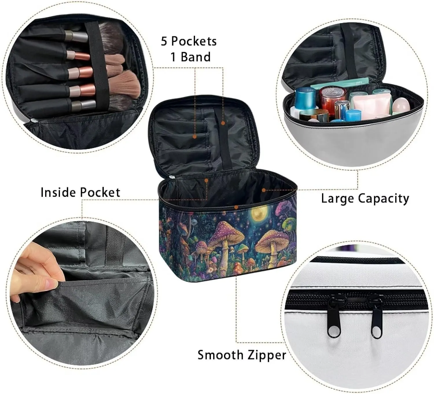 Moon Mushroom Cosmetic Travel Bags for Women Large Capacity Make Up Bags with Handle Portable Toiletry Bag Accessories Organizer Gifts