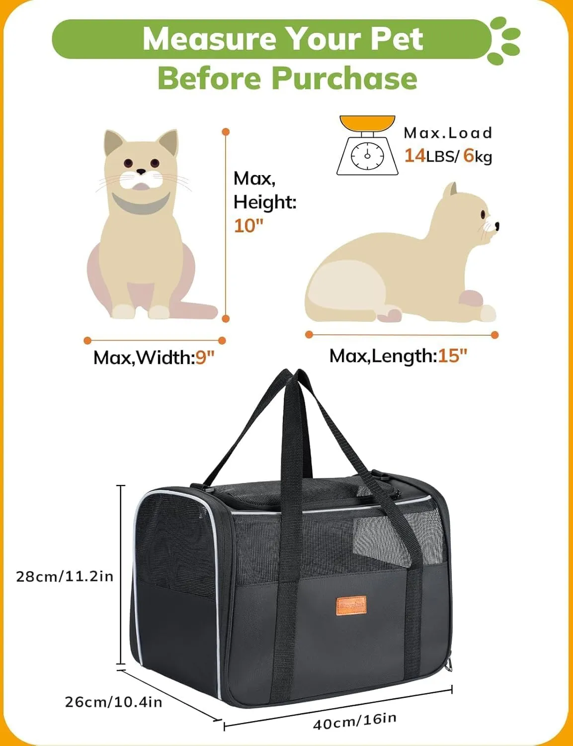 Morpilot Cat Carrier Soft - Portable Pet Carrier for Small or Medium Cats, Dogs and Puppy up to 14lbs, Airline Approved Dog Carrier with Safety Buckle - (Dark Gray)
