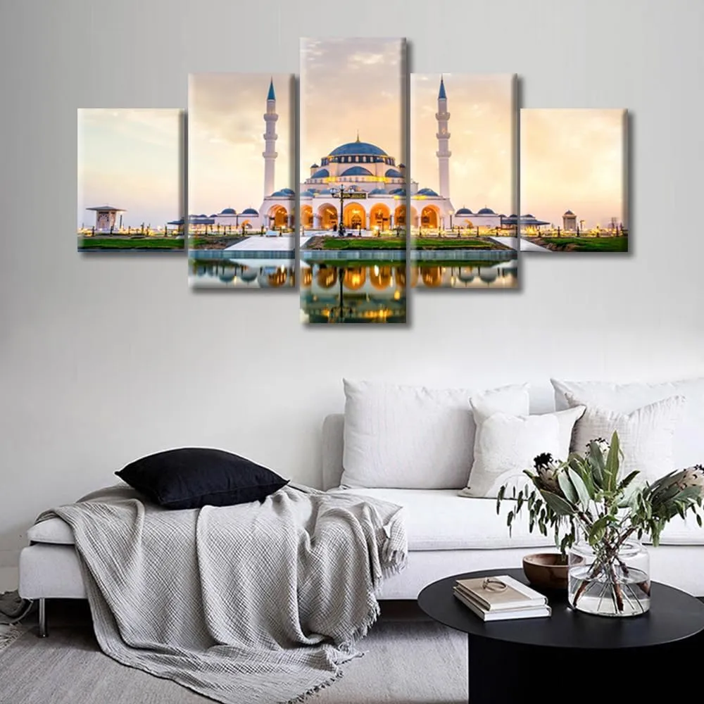 Mosque Famous Travel Scenic Spot Building Canvas Wall Art Painting for Wall Decorations Religious Belief Pictures Artwork Wall Art for Living Room 5 Pieces Art Prints Framed Ready to Hang (60"Wx32"H)