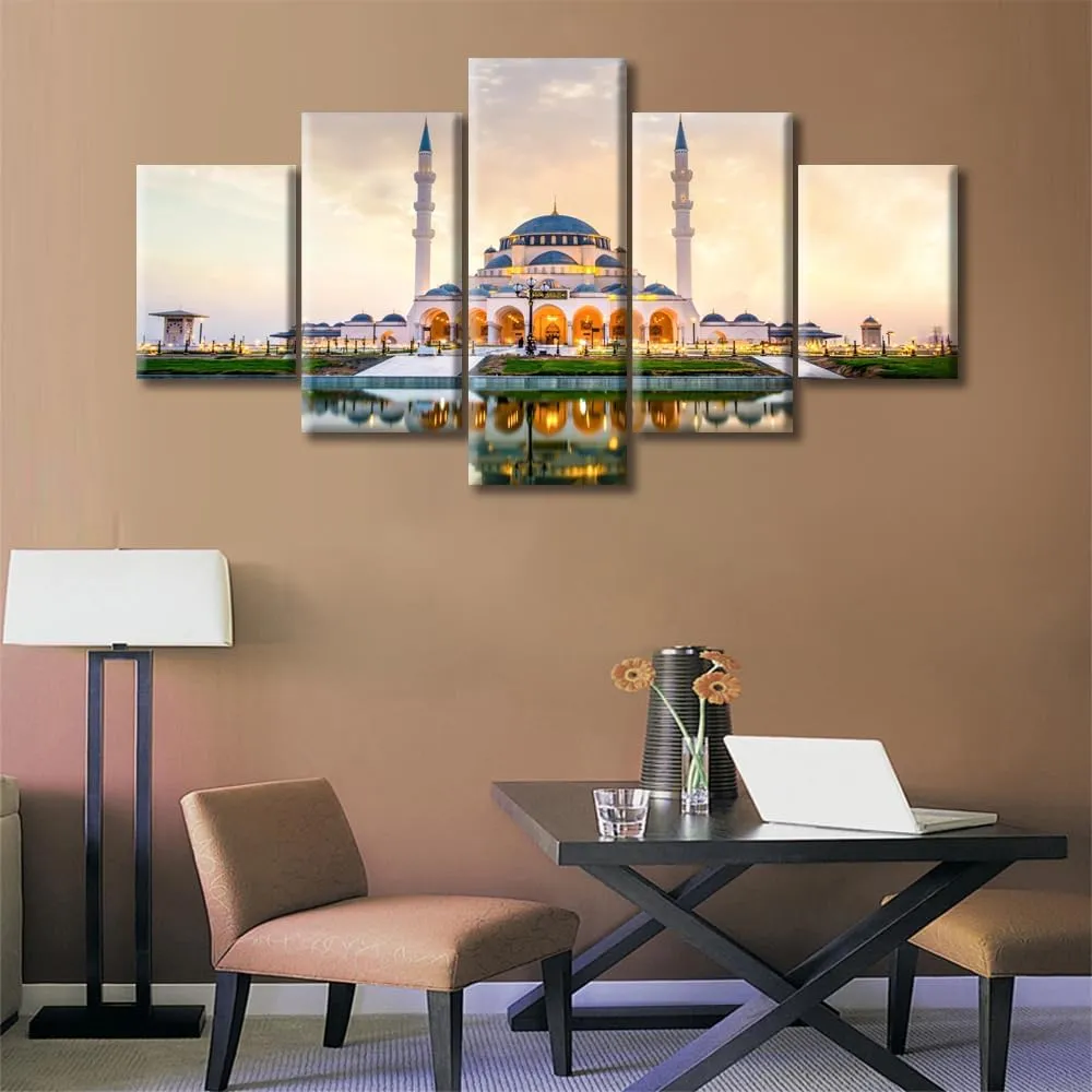 Mosque Famous Travel Scenic Spot Building Canvas Wall Art Painting for Wall Decorations Religious Belief Pictures Artwork Wall Art for Living Room 5 Pieces Art Prints Framed Ready to Hang (60"Wx32"H)