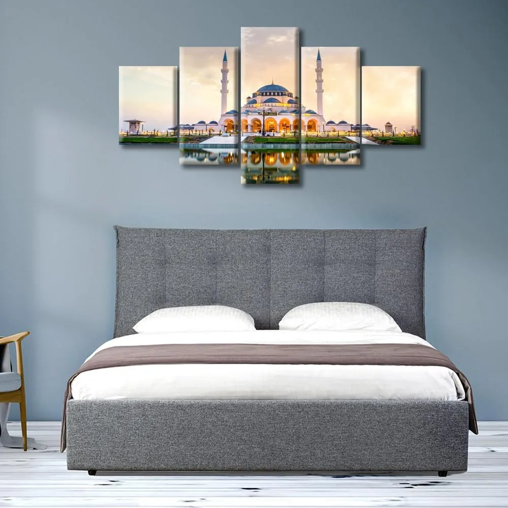 Mosque Famous Travel Scenic Spot Building Canvas Wall Art Painting for Wall Decorations Religious Belief Pictures Artwork Wall Art for Living Room 5 Pieces Art Prints Framed Ready to Hang (60"Wx32"H)