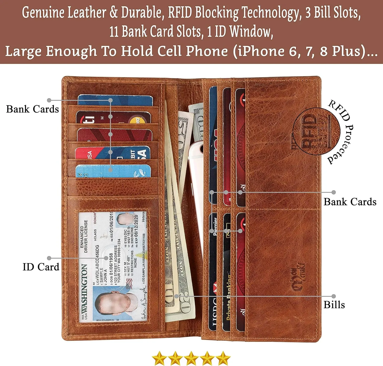 Mou Meraki RFID Blocking Mens Genuine leather Bifold Long Wallet