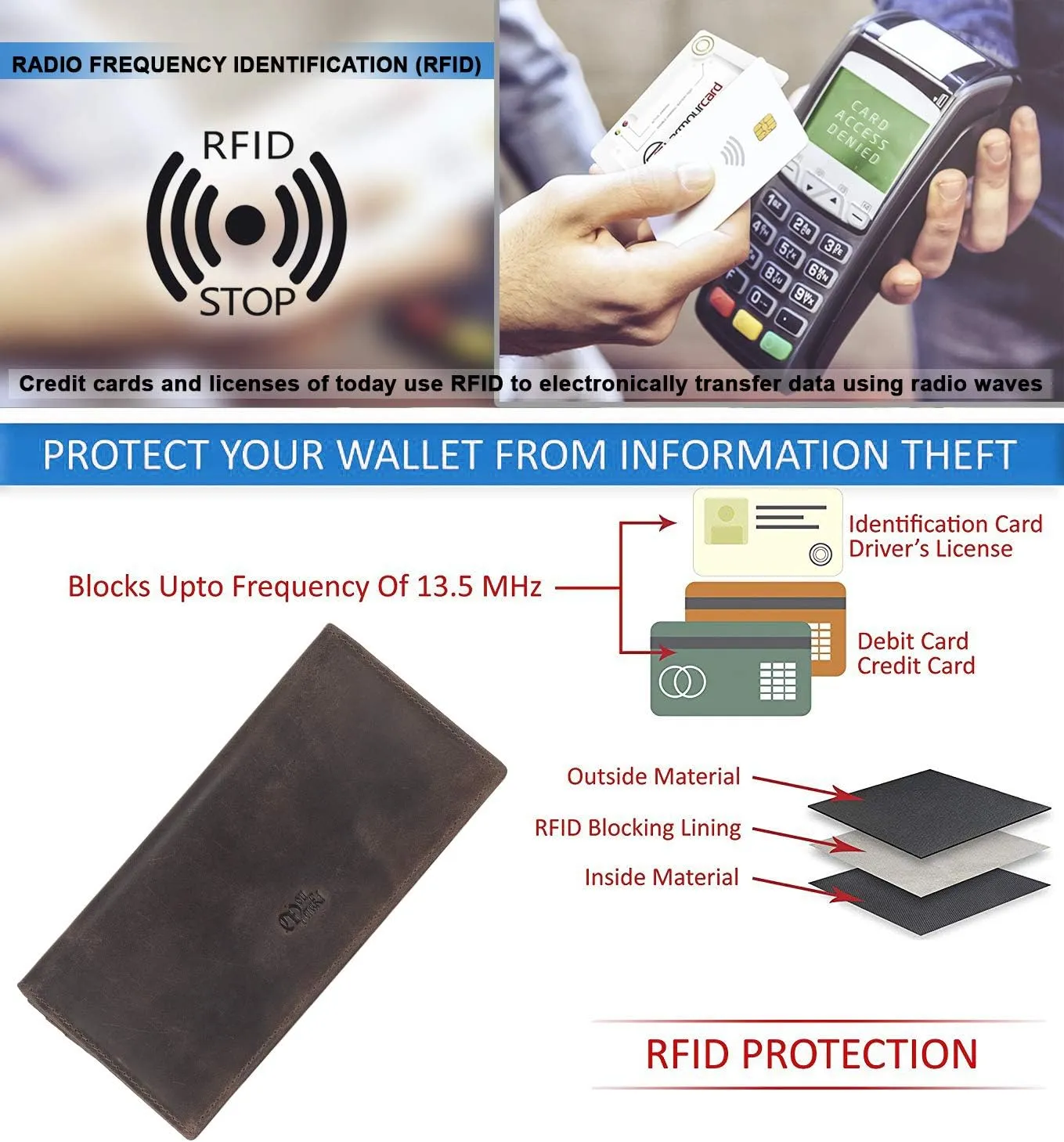 Mou Meraki RFID Blocking Mens Genuine leather Bifold Long Wallet