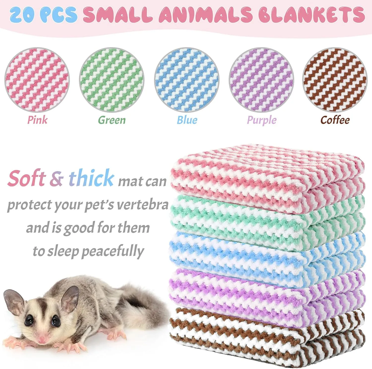 Moukeren 20 Pcs Guinea Pig Fleece Bedding Blankets Bulk Washable Small Animal Fleece Cage Liners Pet Wash Cloth Sleeping Mat Cover for Hamster Chinchilla Rabbit Hedgehog (16 x 24 Inch,Multicolor)