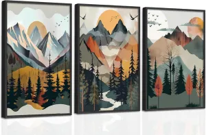 Mountain Canvas Wall Art Set of 3, Boho Sun Forest Abstract Nature Landscape Artwork Wall Decor, Watercolor Posters Prints Painting Picture Artwork for Living Room Bedroom Office 16x24 In Unframed