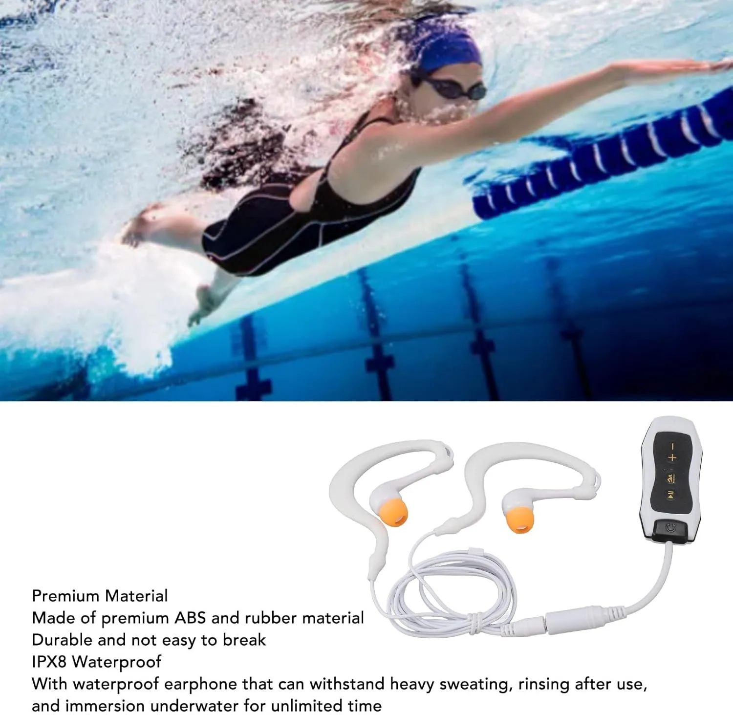 MP3 Player for Swimming, Headphones with Long Cord, Mp3 Swimming Underwater, Sound Effect, Full Cycle, 8GB (8GB)
