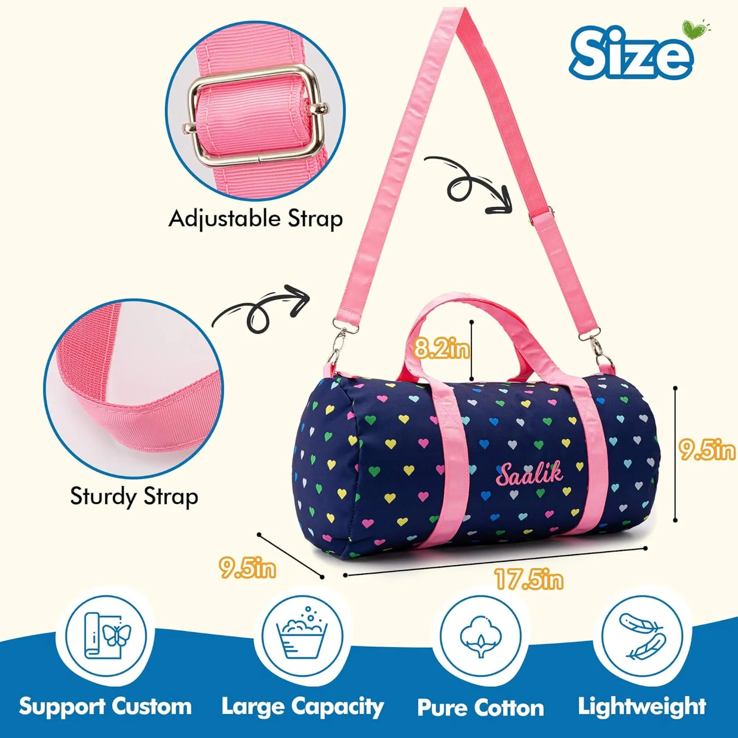 MT WORLD Girls Duffel Bag Personalized Toddler Weekender Bags with Name - Lightweight Cute Heart Dance Ballet Bag with Adjustable Shoulder Strap - Travel Duffle for Travel Sleepover (Navy Blue)
