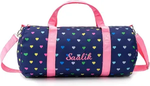 MT WORLD Girls Duffel Bag Personalized Toddler Weekender Bags with Name - Lightweight Cute Heart Dance Ballet Bag with Adjustable Shoulder Strap - Travel Duffle for Travel Sleepover (Navy Blue)