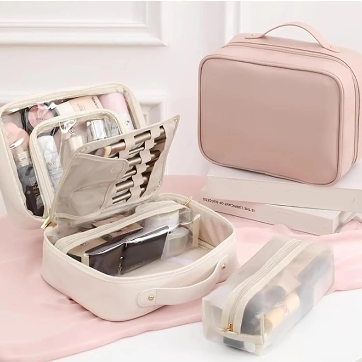 Multi Compartment Toiletry Cosmetic Bag, Setpatient,Set Patient Travel Makeup Bag, PU Leather Waterproof Travel Toiletry Bag, Makeup Organizer with Multiple Pockets (Pink)
