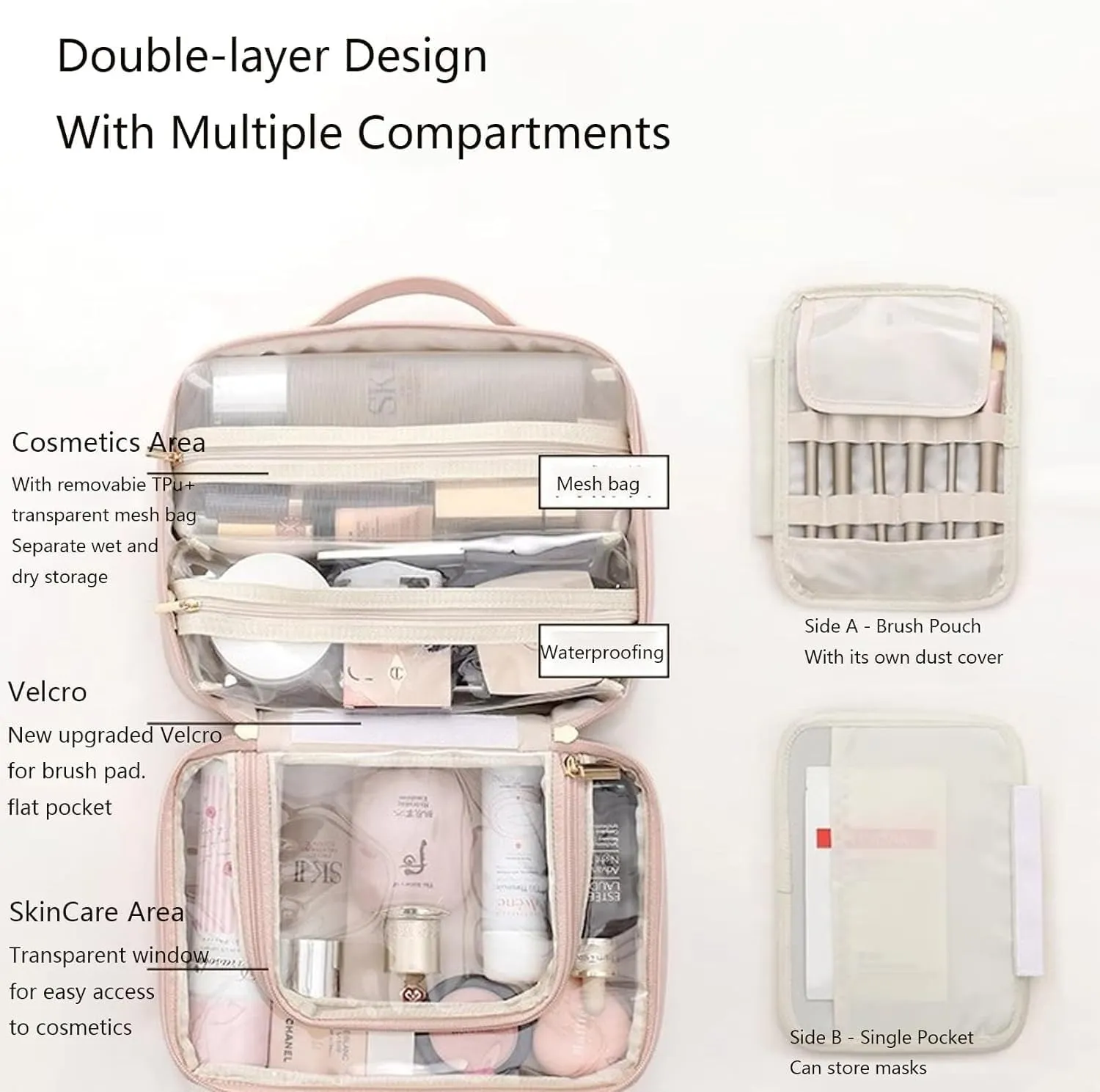 Multi Compartment Toiletry Cosmetic Bag, Setpatient,Set Patient Travel Makeup Bag, PU Leather Waterproof Travel Toiletry Bag, Makeup Organizer with Multiple Pockets (Pink)