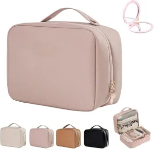 Multi Compartment Toiletry Cosmetic Bag, Setpatient,Set Patient Travel Makeup Bag, PU Leather Waterproof Travel Toiletry Bag, Makeup Organizer with Multiple Pockets (Pink)