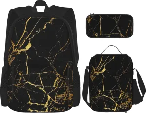Multi Functional Black Gold Marble Print Backpack Set With Lunch Bag And Pencil Case,Leisure,Fashion