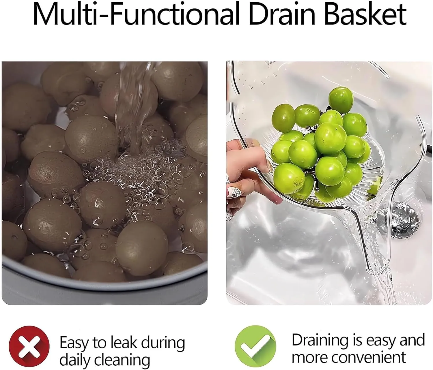 Multi-functional Drain Basket - 2024 New Fruit Cleaning Bowl with Strainer Container, Kitchen Sink Food Catcher Drainer Fruit Rinser Vegetable Washing Filter