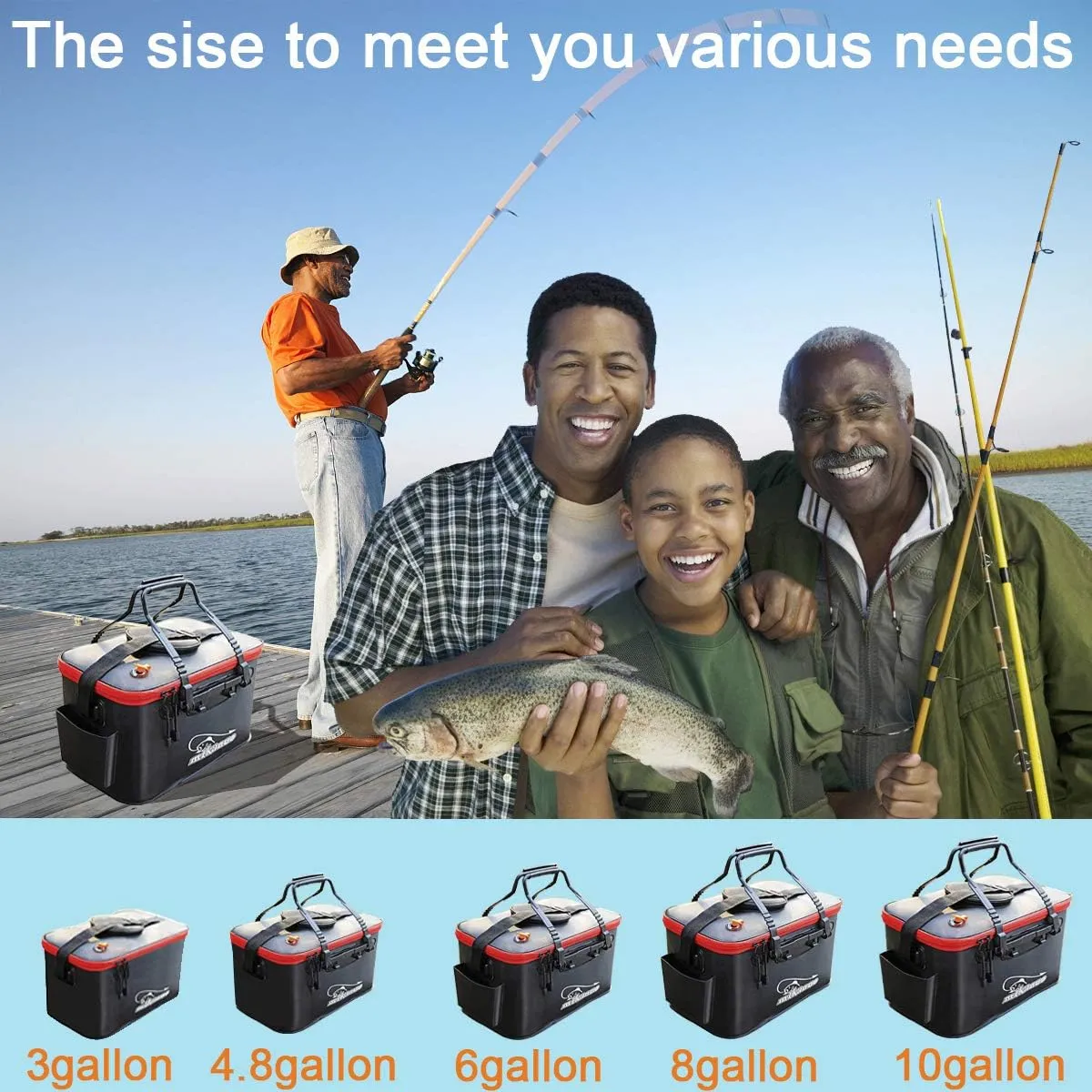 Multi-Functional EVA Foldable Fish Bag for Outdoor - Live Fish Lures and Protection Containers - 8GAL, 6GAL, 4.8GAL, 3GAL