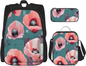 Multi Functional Pastel Poppies Print Backpack Set With Lunch Bag And Pencil Case,Leisure,Fashion