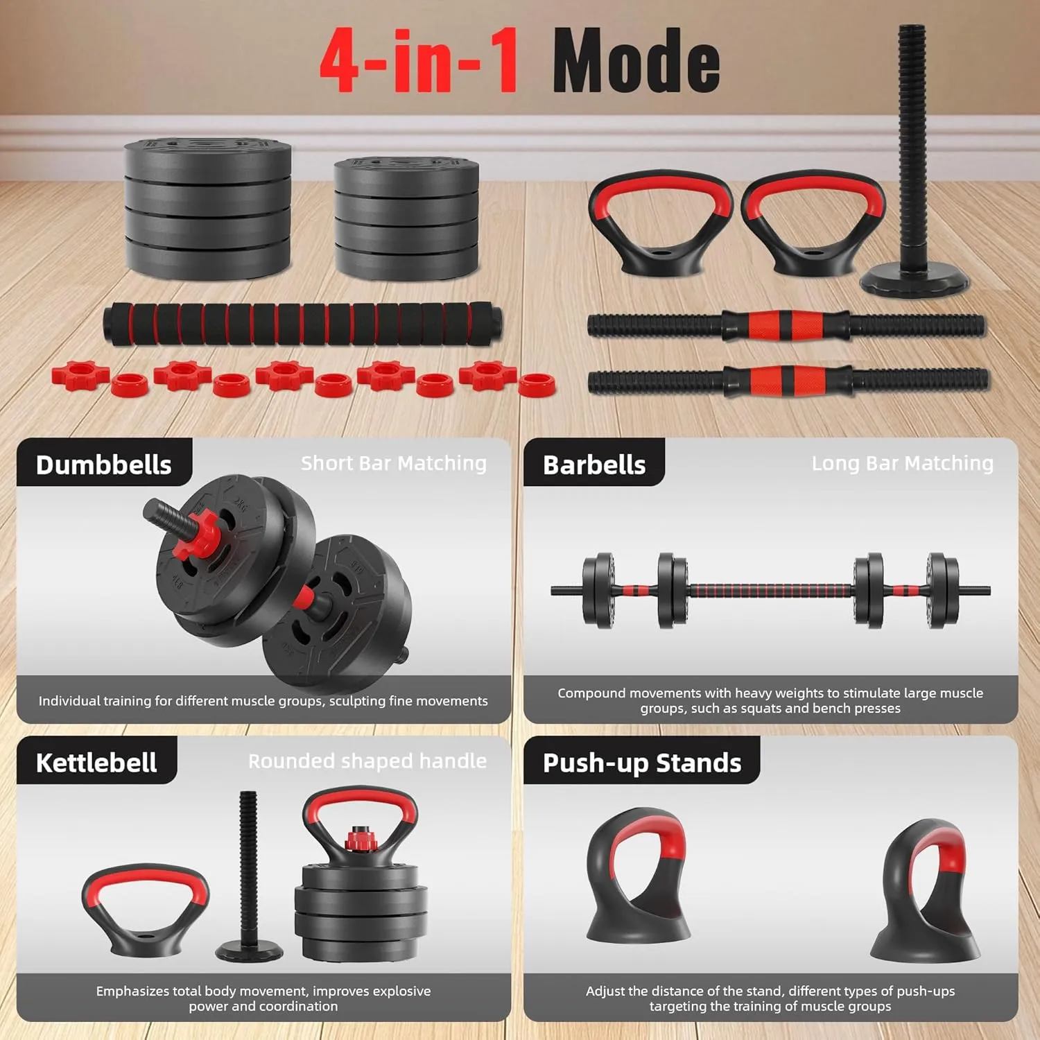 Multi-Functional Portable Changeable Dumbbell and Barbell Kettlebell Set with Adjustable Weights, Multiple Styles, 40LBS or 60LBS Sets