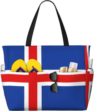 Multi-pocket large capacityFlag of Iceland printed beach travel bag can be carried by hand or on the shoulder