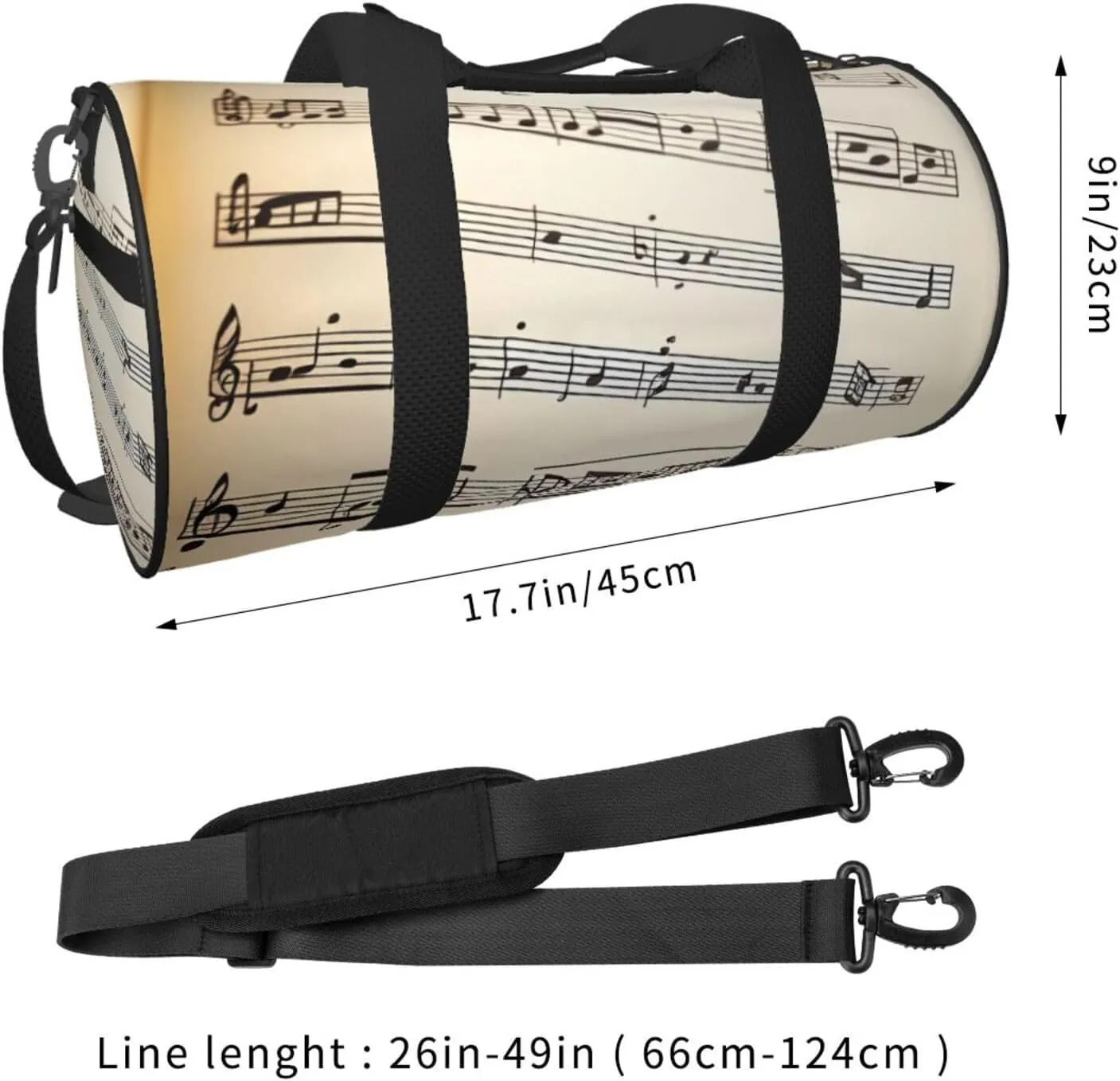 Music notation Printed Travel Bag,Round Personal Item Storage bag,Foldie Duffel Bag for Traveling Vacation,Fitness,Sports