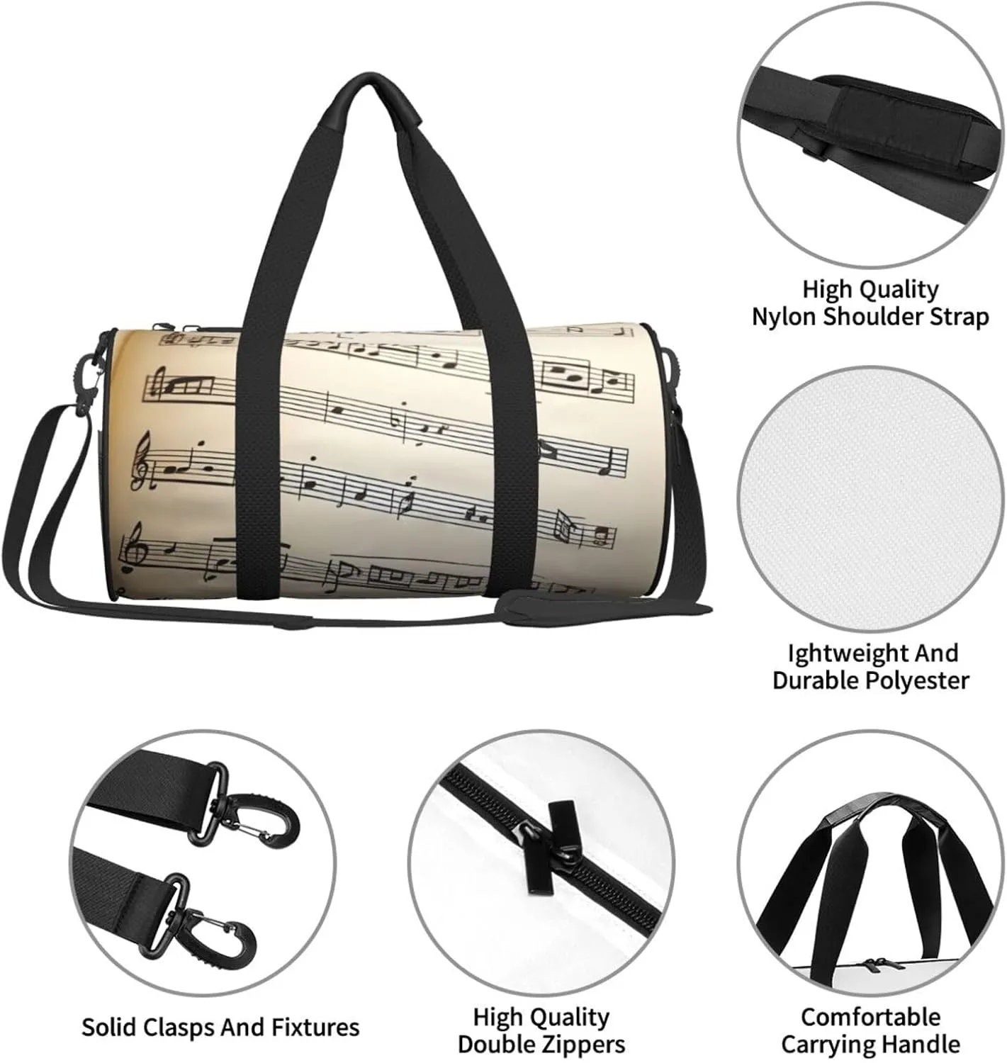 Music notation Printed Travel Bag,Round Personal Item Storage bag,Foldie Duffel Bag for Traveling Vacation,Fitness,Sports