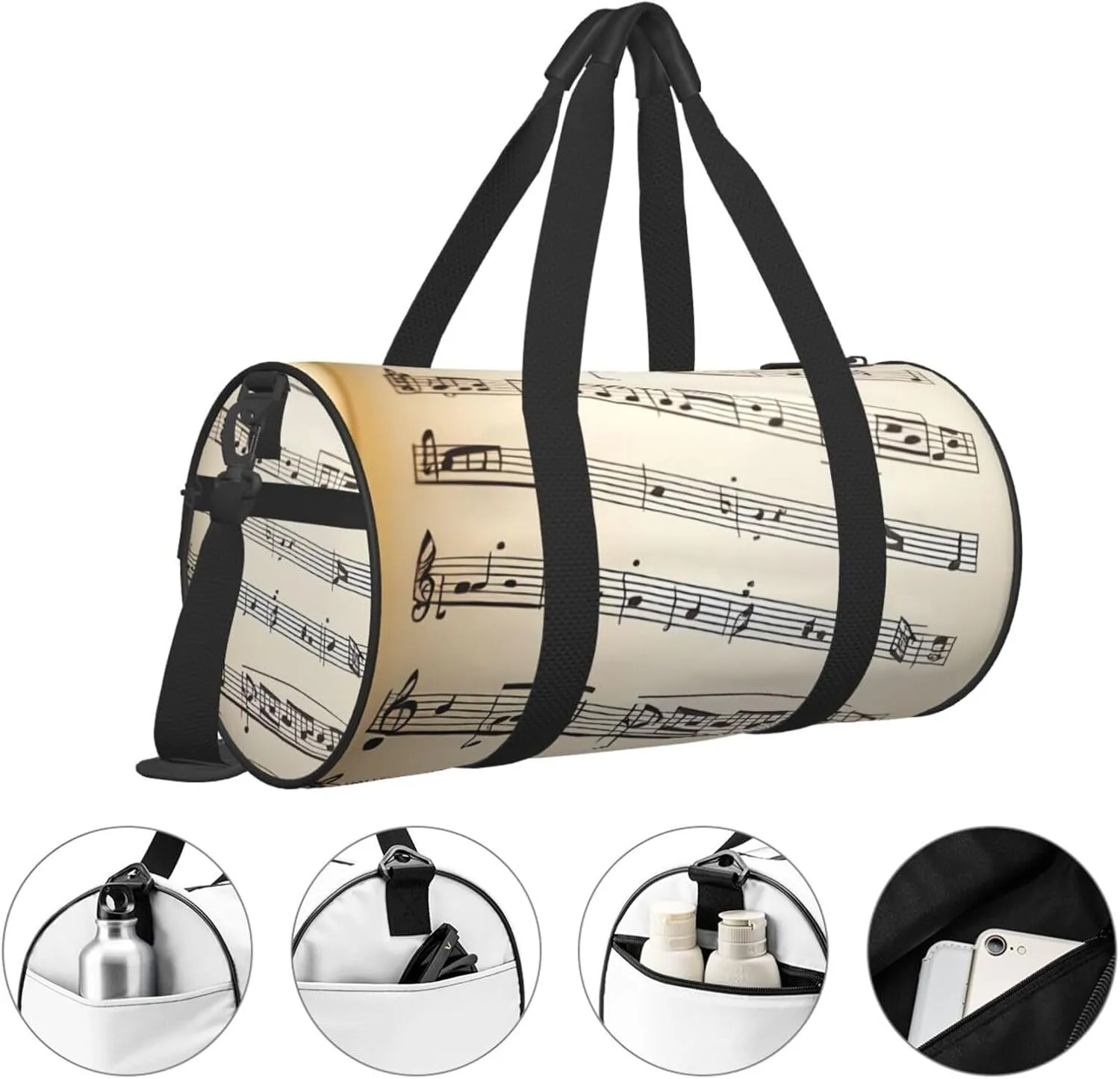 Music notation Printed Travel Bag,Round Personal Item Storage bag,Foldie Duffel Bag for Traveling Vacation,Fitness,Sports
