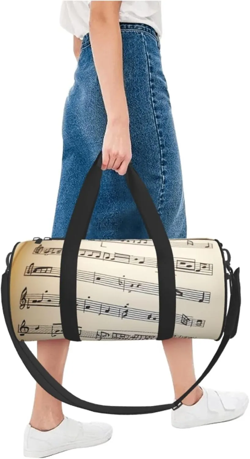 Music notation Printed Travel Bag,Round Personal Item Storage bag,Foldie Duffel Bag for Traveling Vacation,Fitness,Sports