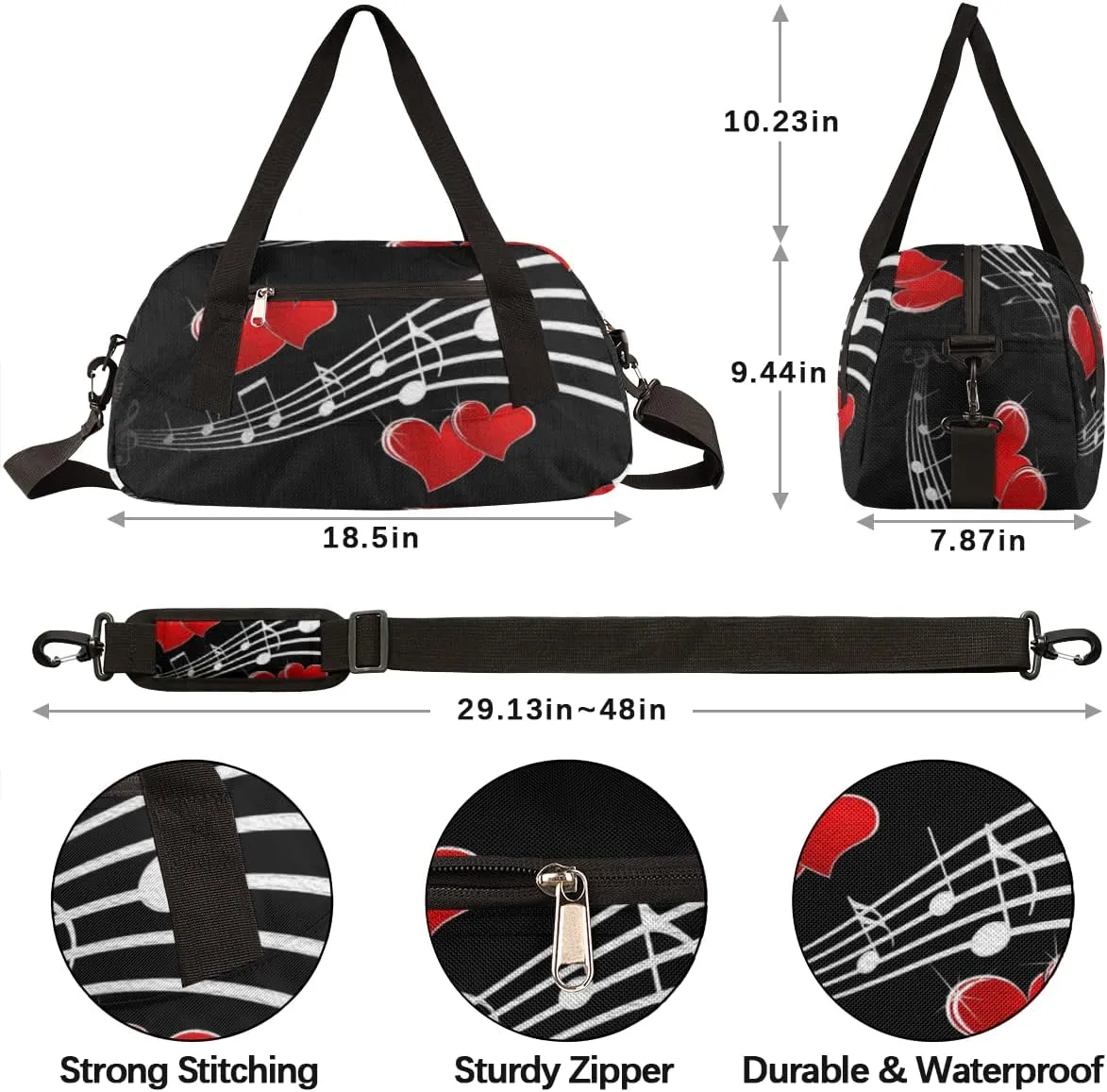 Music Note Red Love Heart Kids Duffel Bag for Girls Boys Teens, Notes Oil Painting Dance Bag Overnight Small Duffel Bag Carry On Weekend Sports Gym Travel Bag for School Practice Gymnastics Ballet