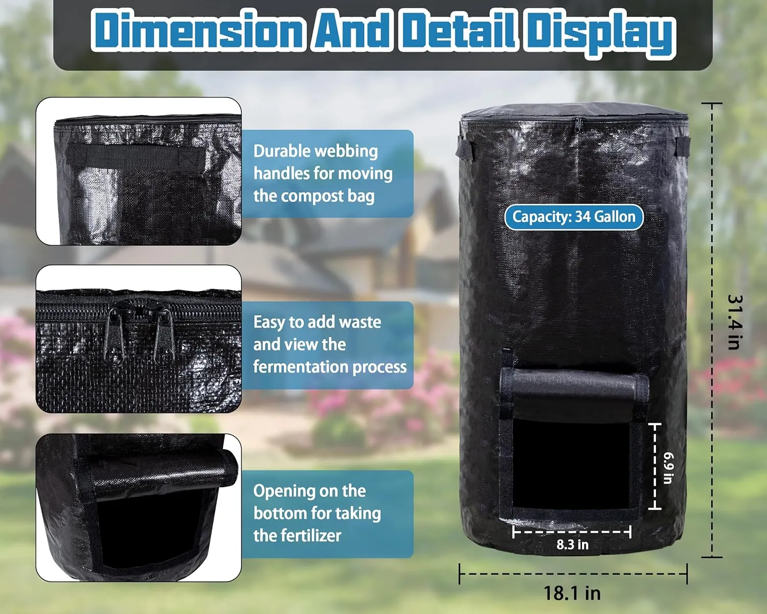 MyLifeUNIT Compost Bins Outdoor, Composting Bin for Outside Garden, Reusable Garden Yard Waste Bag, 34 Gallon (1 Pack, Black)