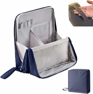Mysite Standing Makeup Bag Portable, Multi-purpose Large Capacity Oxford Cloth Standing Makeup Bag, Travel Waterproof Makeup Organizer with Compartments, Portable Toiletry Bag for Women and Men (Navy)