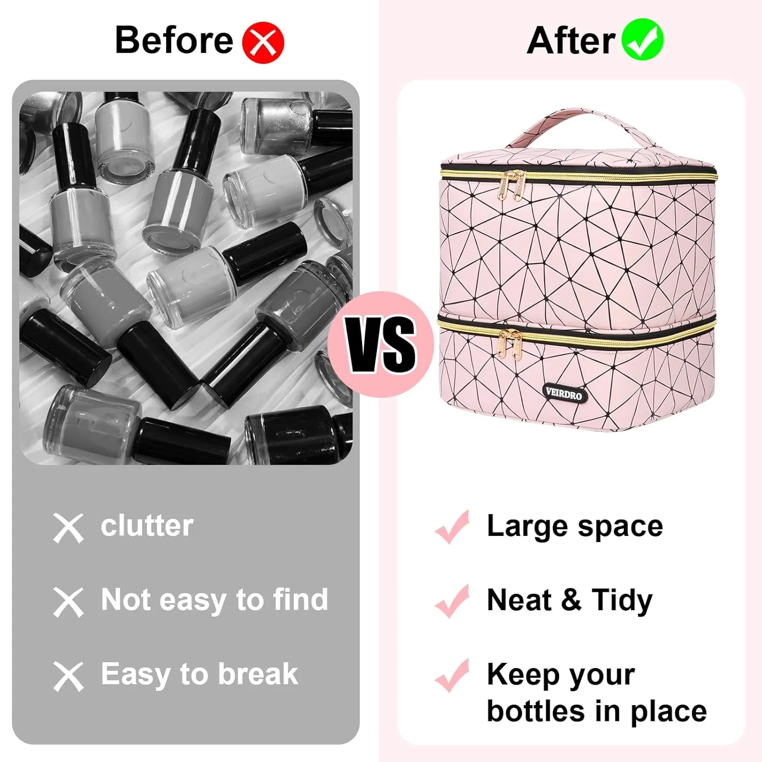 Nail Polish Organizer Bag Holds 30 Bottles (15ml/0.5 fl.oz)& Nail Lamp, Portable Travel Nail Kit Storage Carrying Case, Double Layer Nail Supplies Holder Bag PU Leather Women (Baby Pink)
