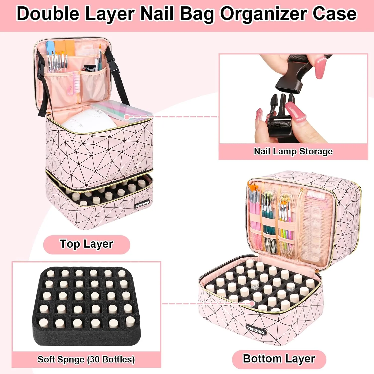 Nail Polish Organizer Bag Holds 30 Bottles (15ml/0.5 fl.oz)& Nail Lamp, Portable Travel Nail Kit Storage Carrying Case, Double Layer Nail Supplies Holder Bag PU Leather Women (Baby Pink)