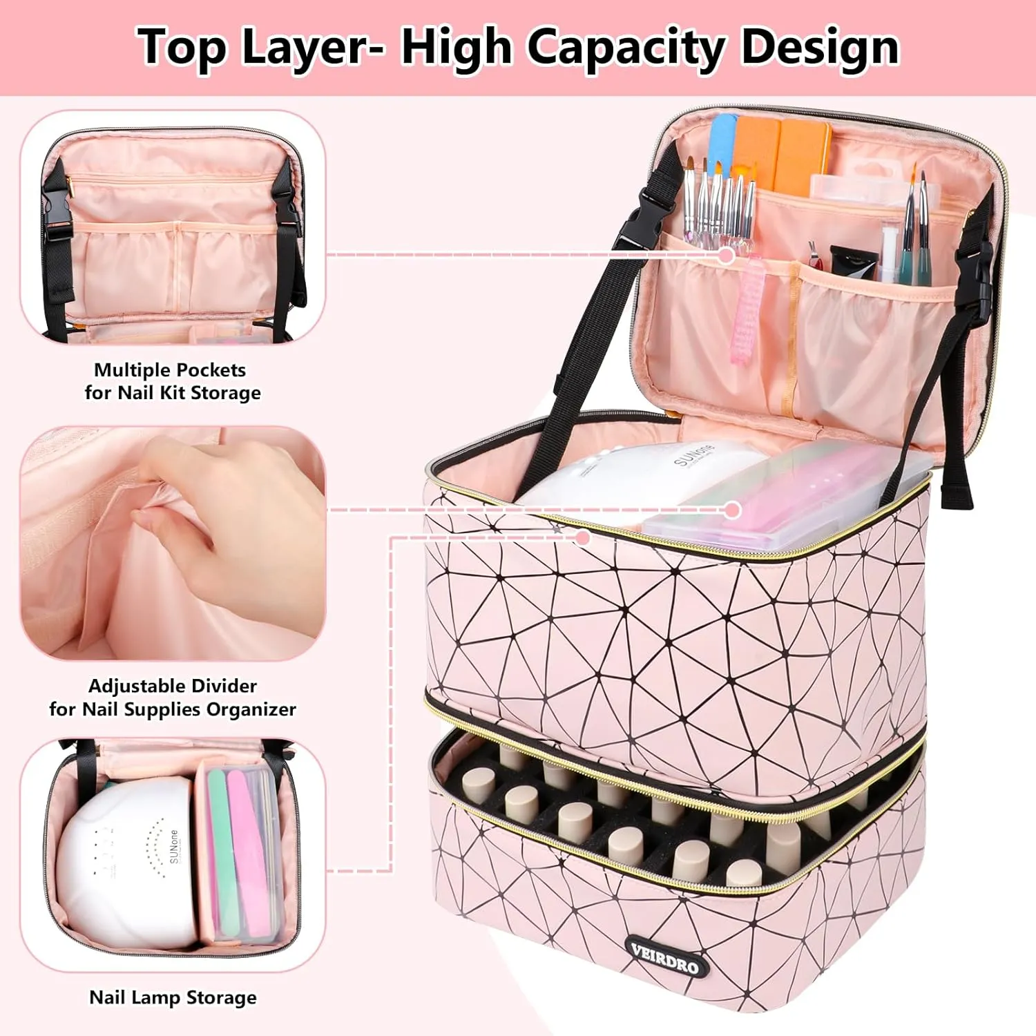 Nail Polish Organizer Bag Holds 30 Bottles (15ml/0.5 fl.oz)& Nail Lamp, Portable Travel Nail Kit Storage Carrying Case, Double Layer Nail Supplies Holder Bag PU Leather Women (Baby Pink)