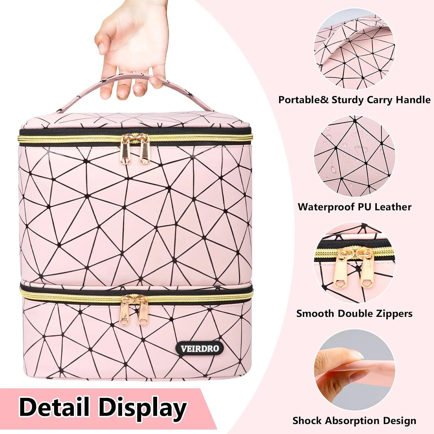 Nail Polish Organizer Bag Holds 30 Bottles (15ml/0.5 fl.oz)& Nail Lamp, Portable Travel Nail Kit Storage Carrying Case, Double Layer Nail Supplies Holder Bag PU Leather Women (Baby Pink)