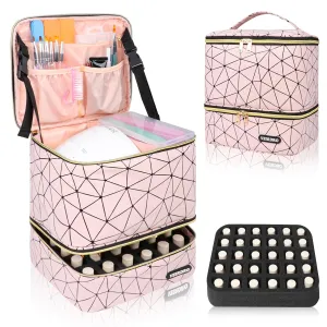 Nail Polish Organizer Bag Holds 30 Bottles (15ml/0.5 fl.oz)& Nail Lamp, Portable Travel Nail Kit Storage Carrying Case, Double Layer Nail Supplies Holder Bag PU Leather Women (Baby Pink)