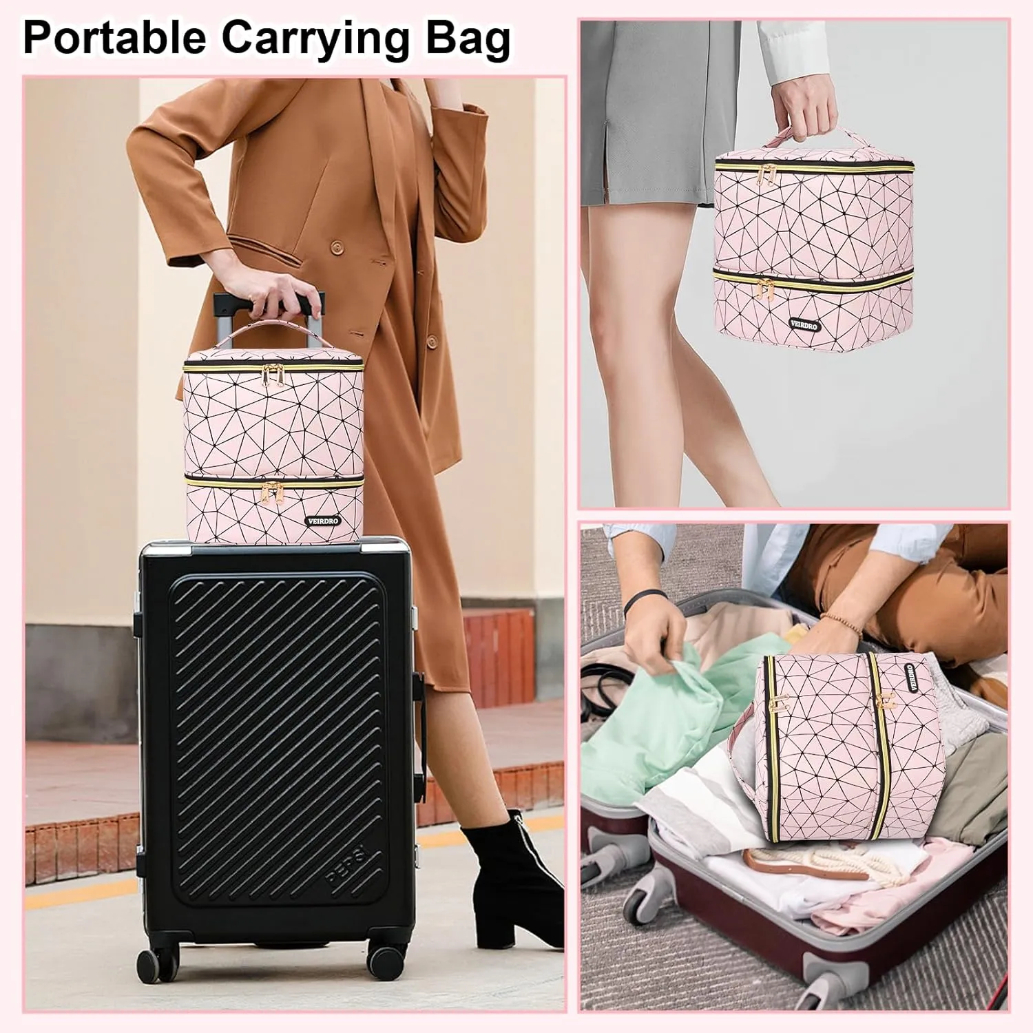 Nail Polish Organizer Bag Holds 30 Bottles (15ml/0.5 fl.oz)& Nail Lamp, Portable Travel Nail Kit Storage Carrying Case, Double Layer Nail Supplies Holder Bag PU Leather Women (Baby Pink)