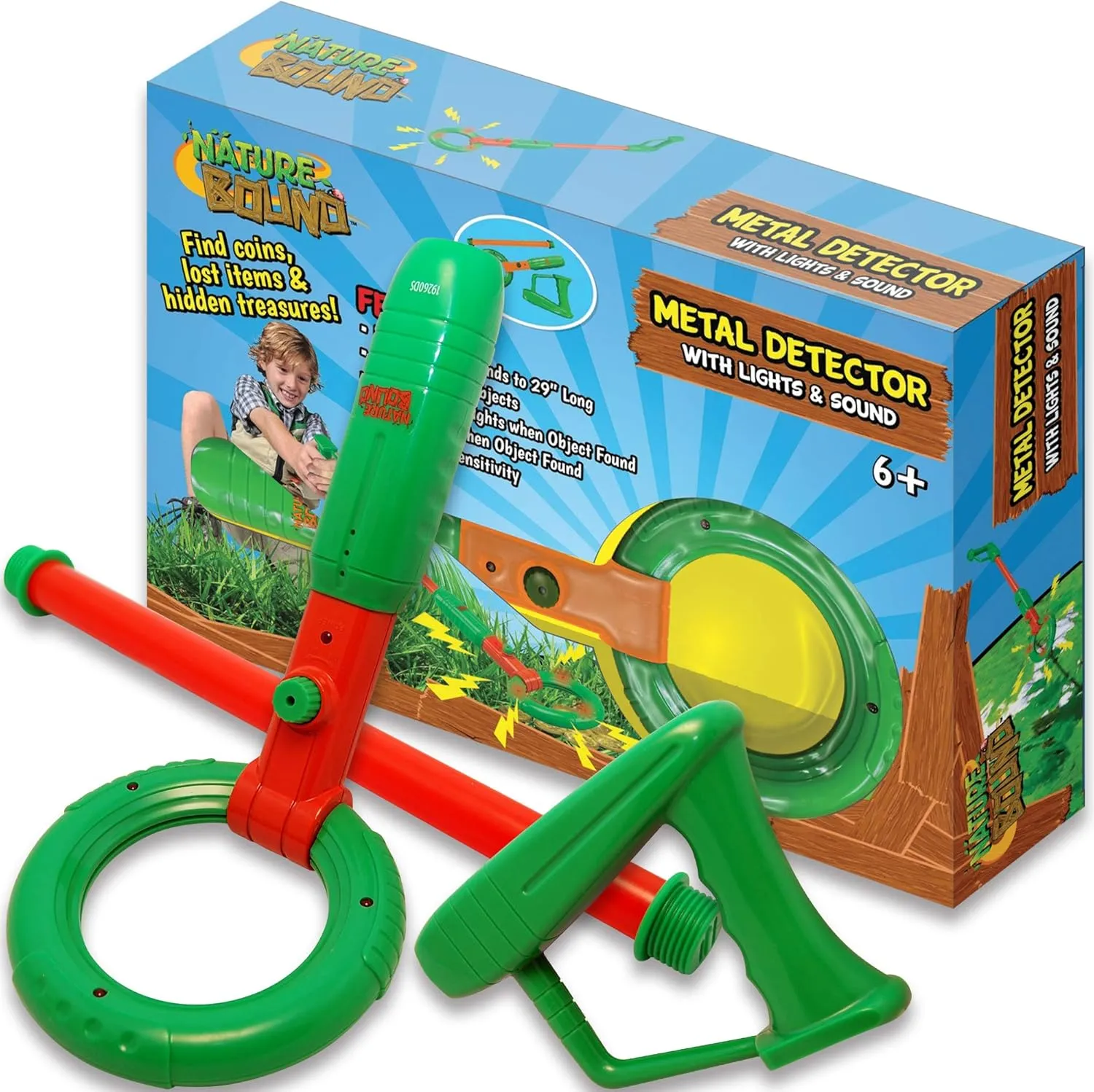 Nature Bound Kids Junior Metal Detector - Adjustable Detection for Kids with Lights & Sounds, Short Or Long Handle, Lightweight Design for Beginner Treasure Hunters, Kids Ages 6  , Green