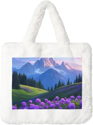 Nature Purple Flowers Meadow Mountain Scenic Plush Handbag,Soft Plush Bag,A Must-Have Cute Bag for Women When Going Out
