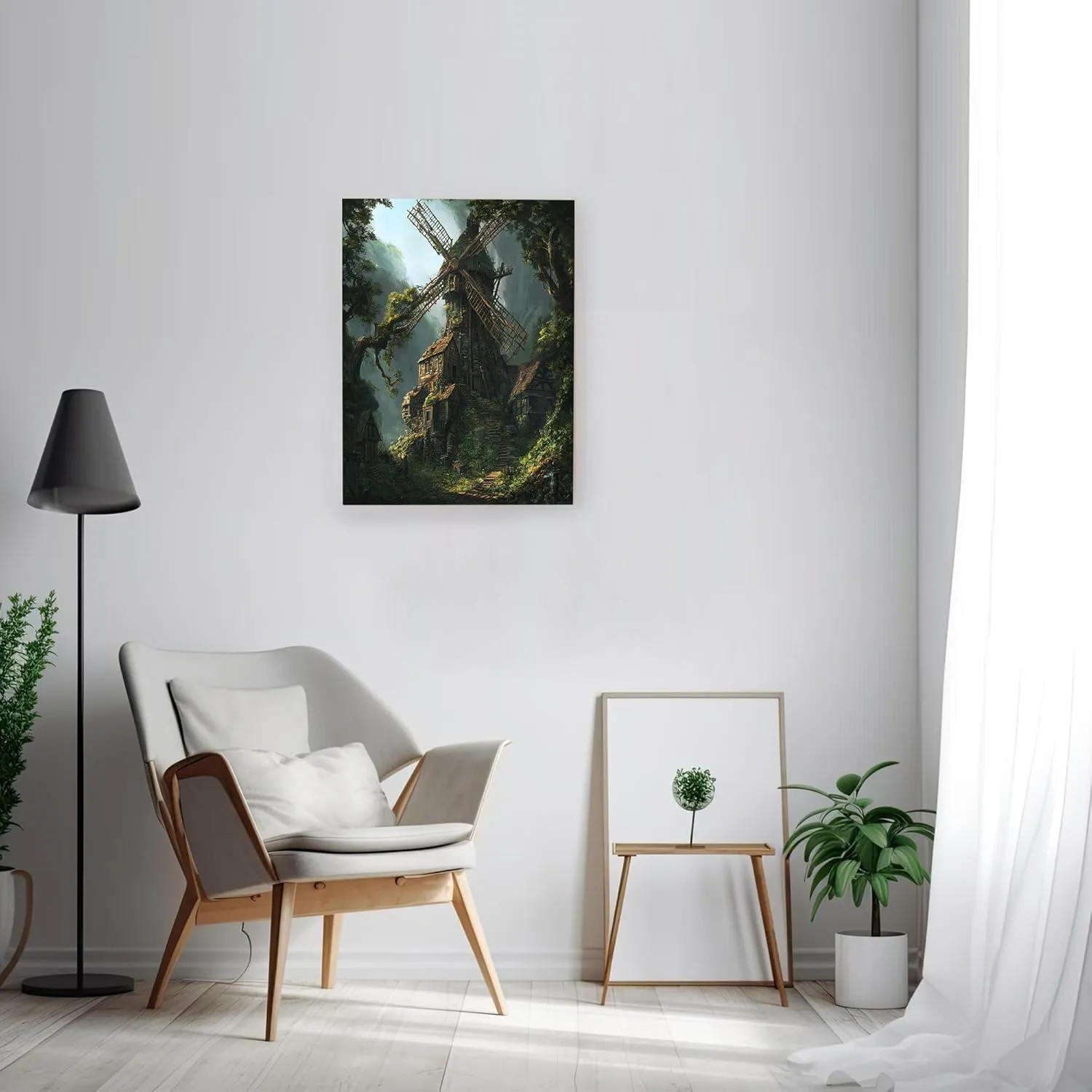 Nature Windmill Canvas Art Wall Decor for Living Room, 1 Piece Forest Mountain Landscape Bathroom Wall Art, Big Small Country Decorative Bathroom Office Bedroom 12 * 16