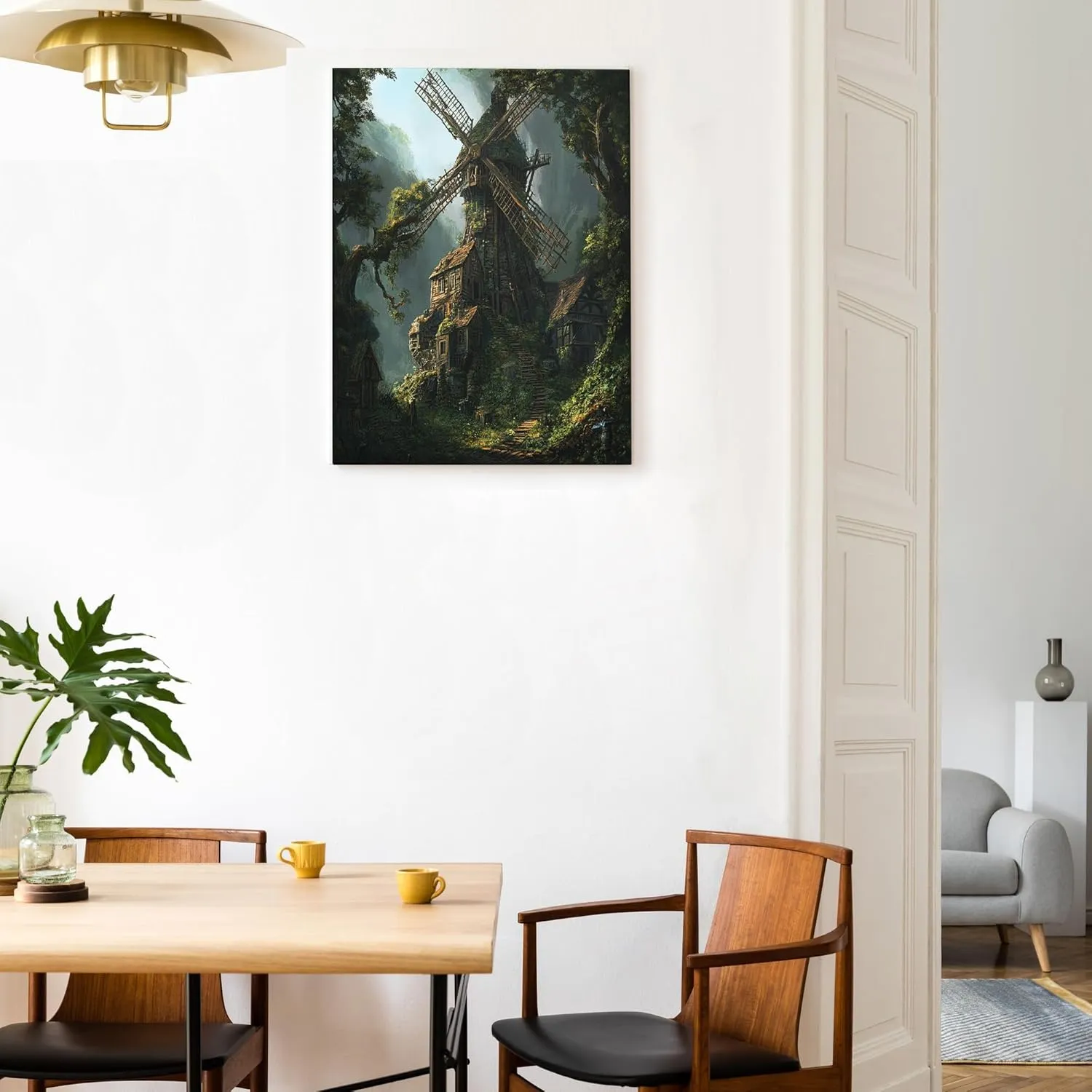 Nature Windmill Canvas Art Wall Decor for Living Room, 1 Piece Forest Mountain Landscape Bathroom Wall Art, Big Small Country Decorative Bathroom Office Bedroom 12 * 16