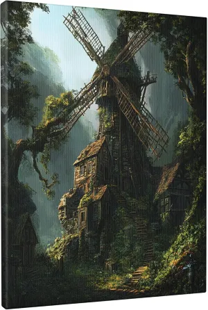 Nature Windmill Canvas Art Wall Decor for Living Room, 1 Piece Forest Mountain Landscape Bathroom Wall Art, Big Small Country Decorative Bathroom Office Bedroom 12 * 16