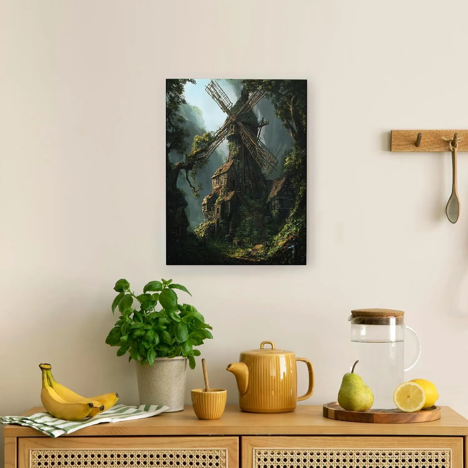 Nature Windmill Canvas Art Wall Decor for Living Room, 1 Piece Forest Mountain Landscape Bathroom Wall Art, Big Small Country Decorative Bathroom Office Bedroom 12 * 16