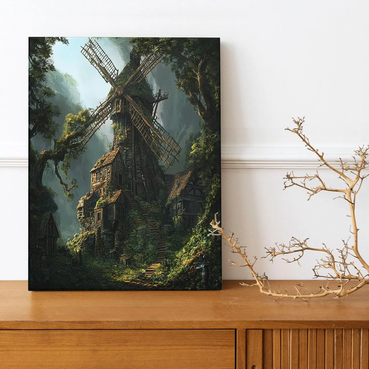 Nature Windmill Canvas Art Wall Decor for Living Room, 1 Piece Forest Mountain Landscape Bathroom Wall Art, Big Small Country Decorative Bathroom Office Bedroom 12 * 16
