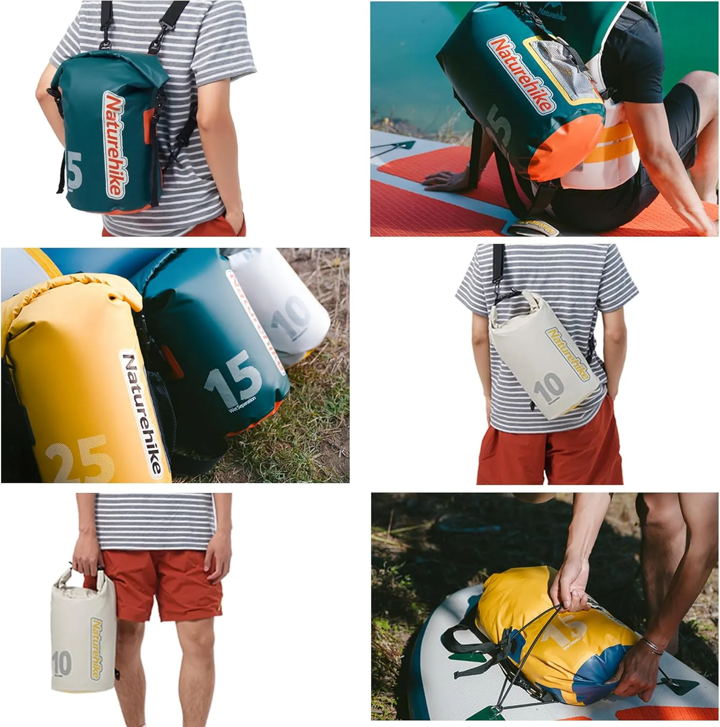 Naturehike PVC Floating Waterproof Dry Backpack, 10L/15L Waterproof Pouch with Wider Shoulder Straps, Roll Top Waterproof Backpack Sack for Travel, Swimming, Boating, Kayaking, Camping (Green, 15L)
