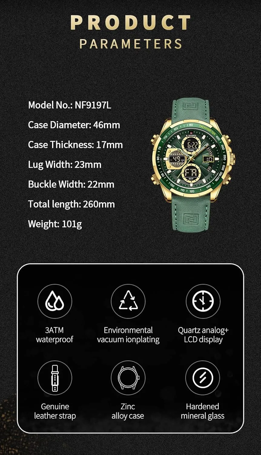 NAVIFORCE Men's Military Digital Watches Analog Quartz Waterproof Watch Sport Multifunctional Leather Wristwatch